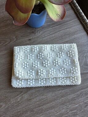 Vintage Mr. Jonas Beaded Pearl Clutch Off-White Ivory Floral Beaded Envelope Bag